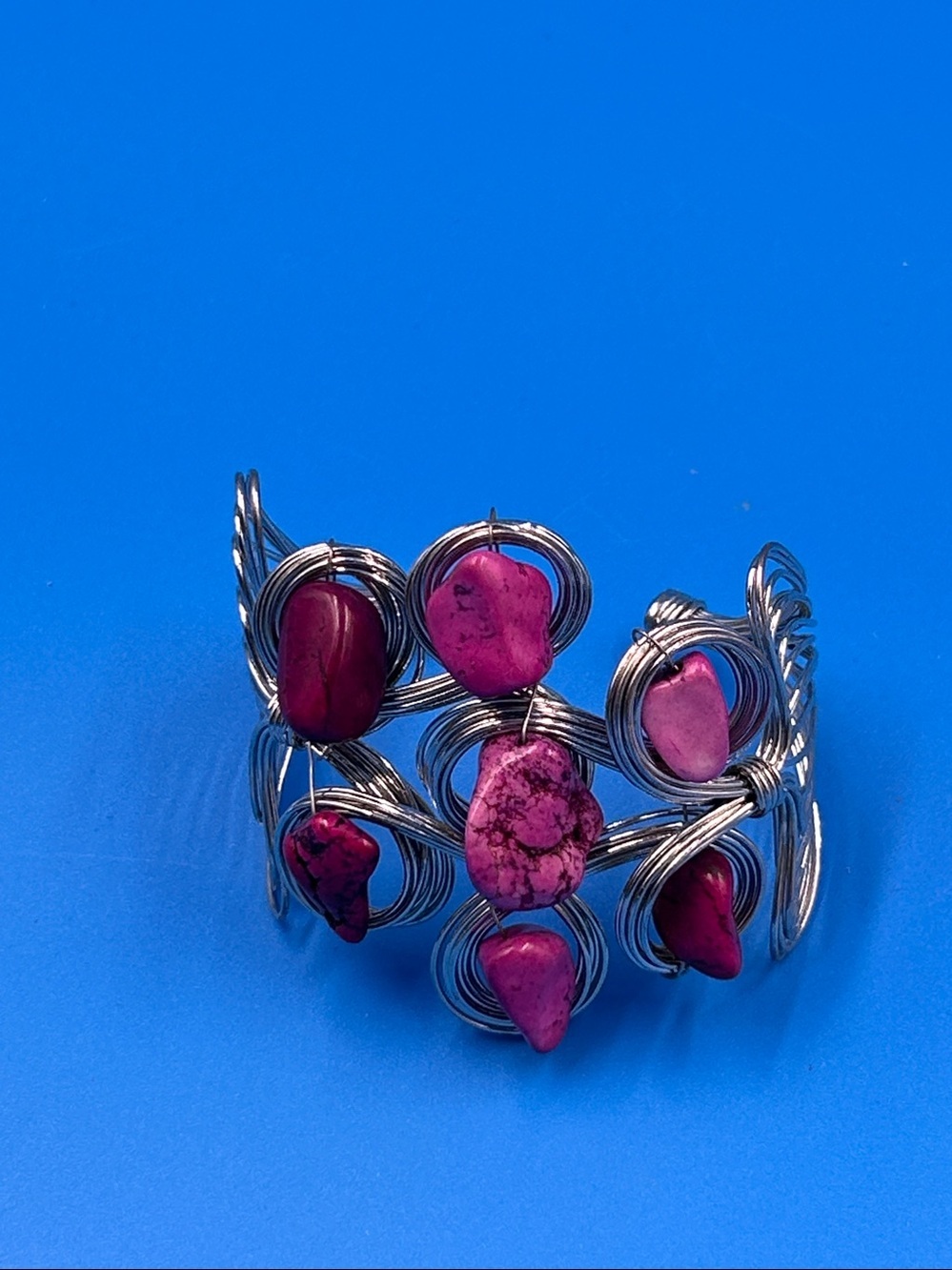 Handmade Boho Wire Wrapped Pink Stone Cuff Bracelet – Artisan Statement Jewelry